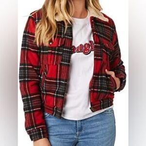 Christopher & Banks NWT Red Plaid Snap Front Jacket with Cream Sherpa Collar